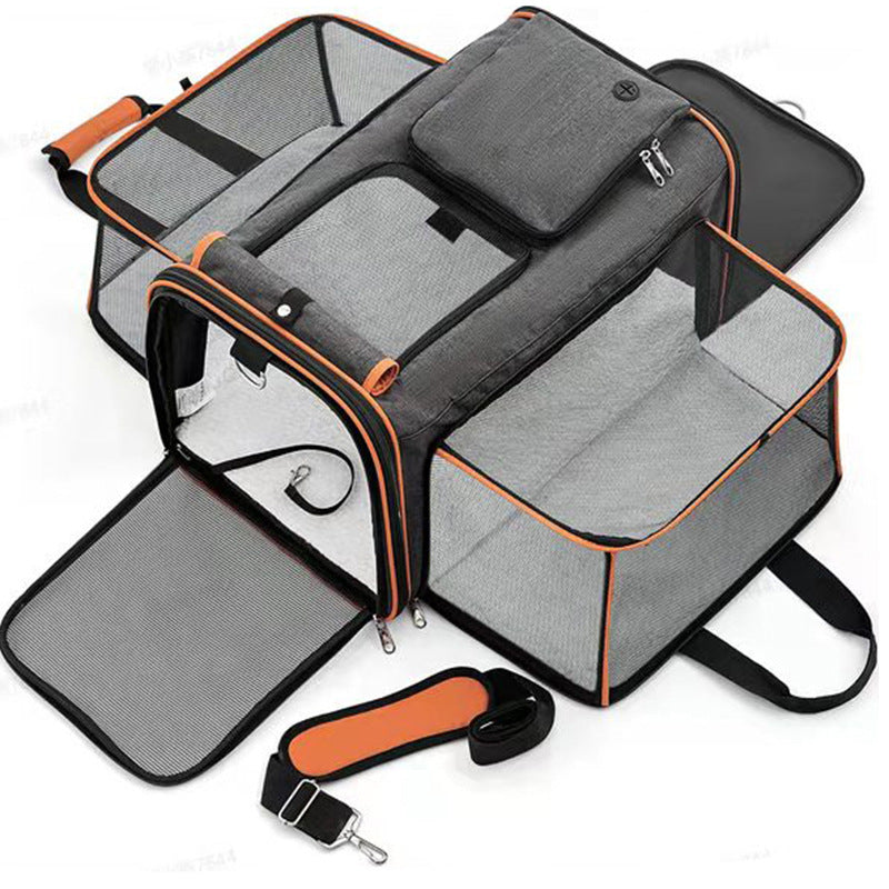 Gray-Orange Expandable Pet Carrier Backpack – Foldable Travel Bag for Cats & Small Dogs