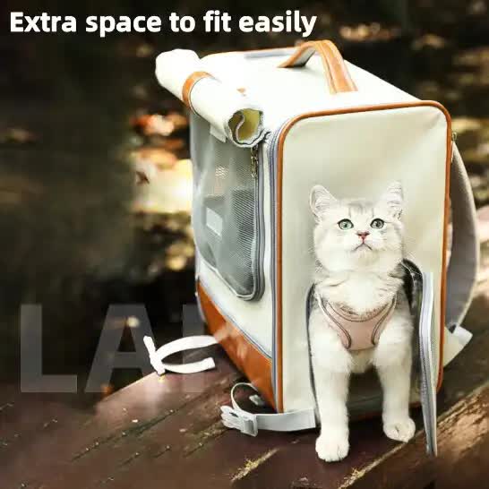 Beige Foldable Pet Trolley with Wheels – Spacious, Breathable Travel Carrier for Two Cats