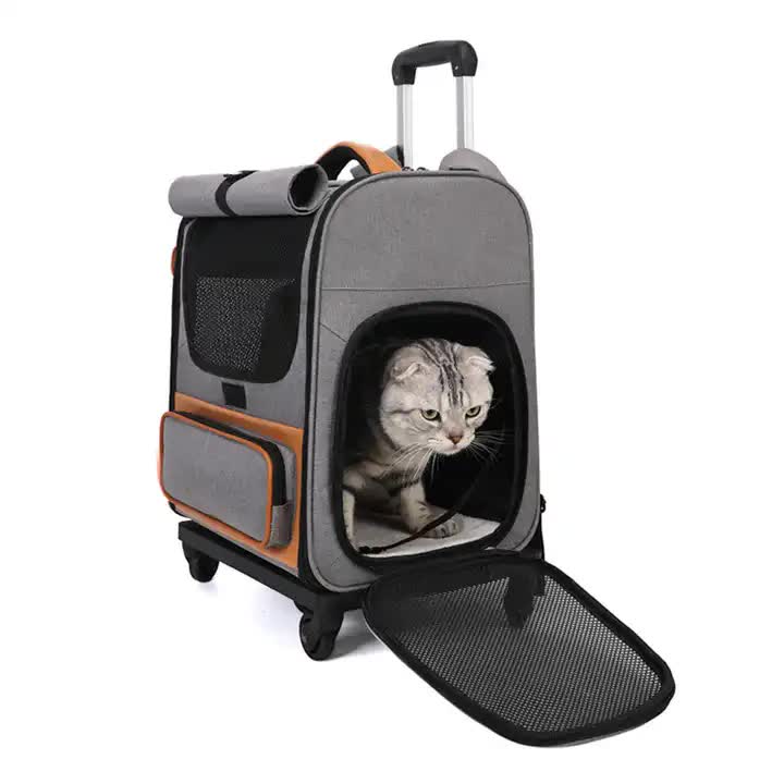 Beige Foldable Pet Trolley with Wheels – Spacious, Breathable Travel Carrier for Two Cats