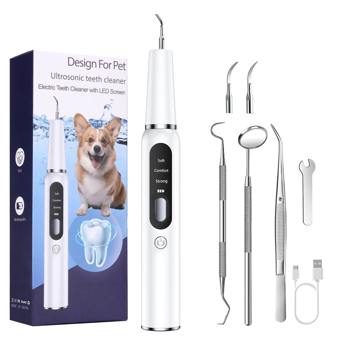 White Pet Dental Cleaning Kit – Ultrasonic Scaler with 3 Modes