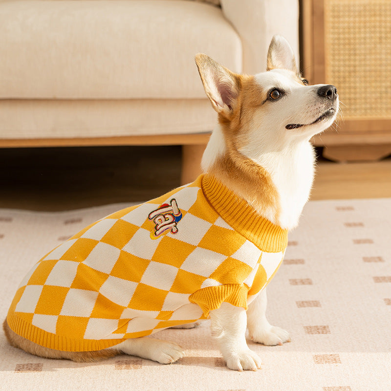Yellow & White Argyle Knit Dog Sweater