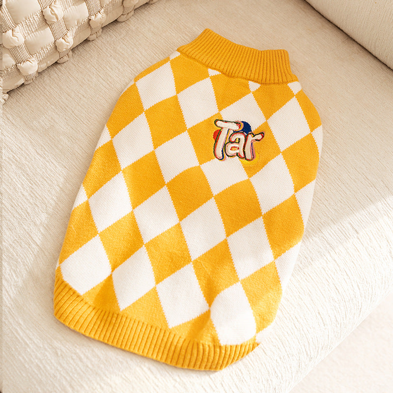 Yellow & White Argyle Knit Dog Sweater