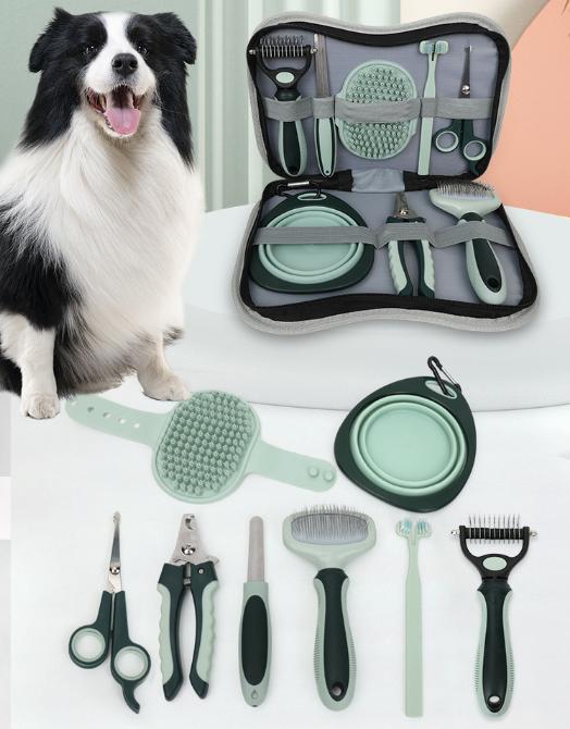 Grey & Green 8-Piece Pet Grooming Kit – Brushes, Clippers, Scissors & Case