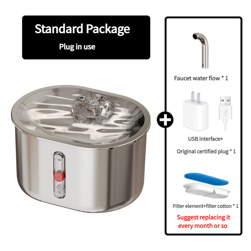 Stainless Steel Pet Water Fountain – Faucet Flow, USB Plug