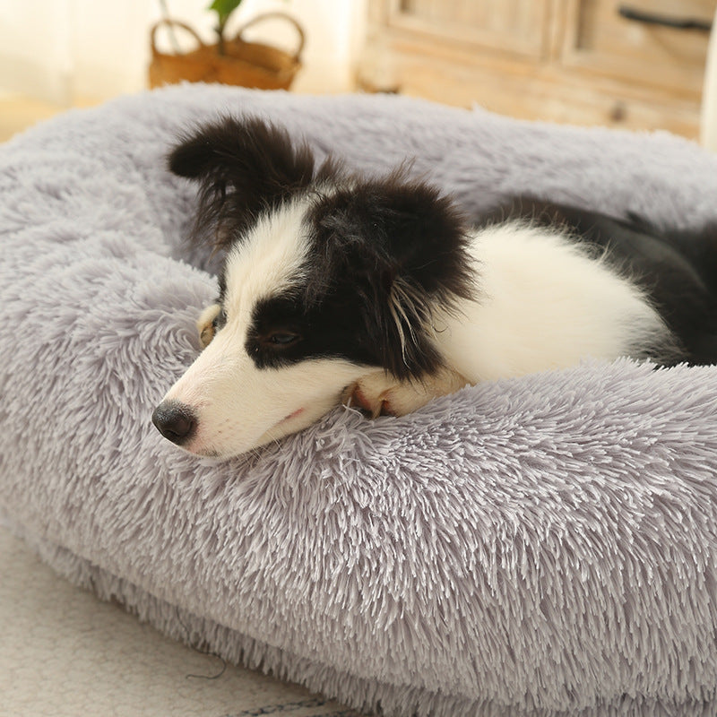 Light Gray Fluffy Donut Pet Bed – Large Anti-Anxiety Dog Bed