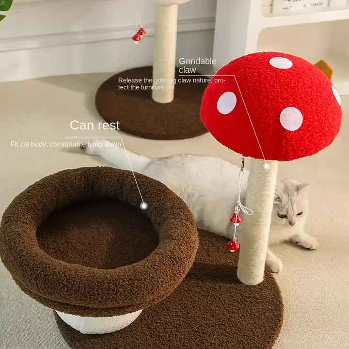 Mushroom Cat Tree with Bed & Scratcher – 58cm