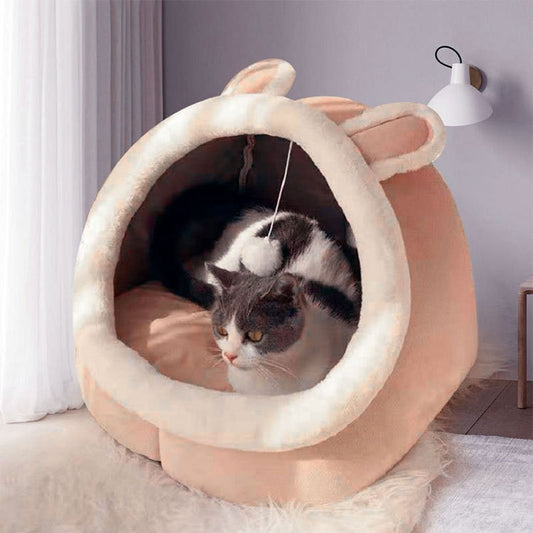 Pink Half-Enclosed Cat Bed – Soft & Cozy (28x28x30cm)