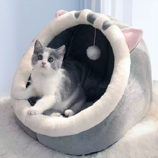 Gray Velvet Cat Bed - Half-Enclosed, Small Size