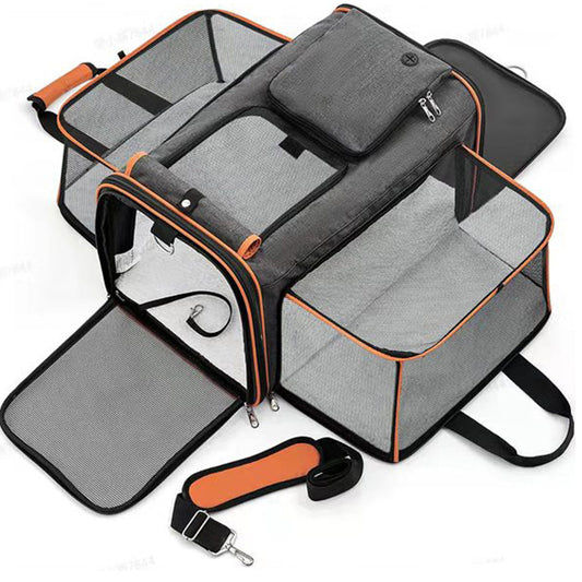 Gray-Orange Expandable Pet Carrier Backpack – Foldable Travel Bag for Cats & Small Dogs