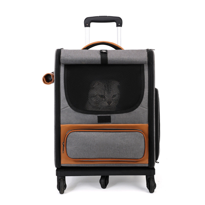Grey Foldable Pet Trolley with Wheels – Large, Breathable Travel Carrier for Two Cats
