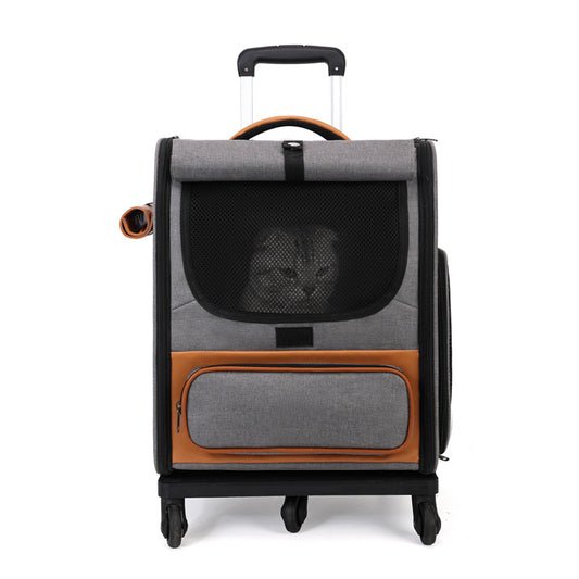 Grey Foldable Pet Trolley with Wheels – Large, Breathable Travel Carrier for Two Cats