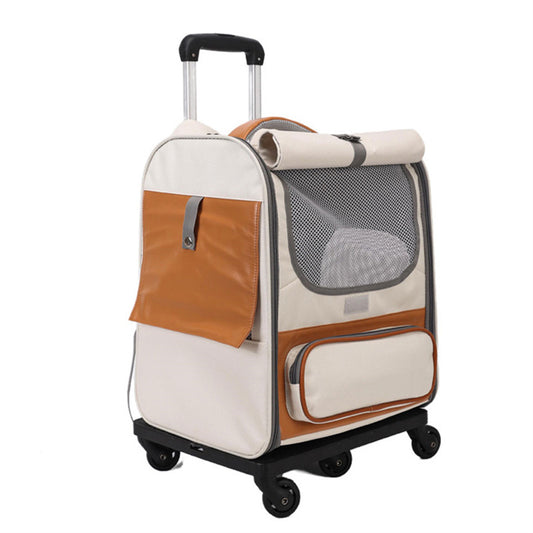 Beige Foldable Pet Trolley with Wheels – Spacious, Breathable Travel Carrier for Two Cats