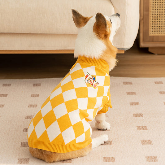 Yellow & White Argyle Knit Dog Sweater