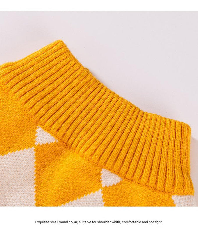 Yellow & White Argyle Knit Dog Sweater