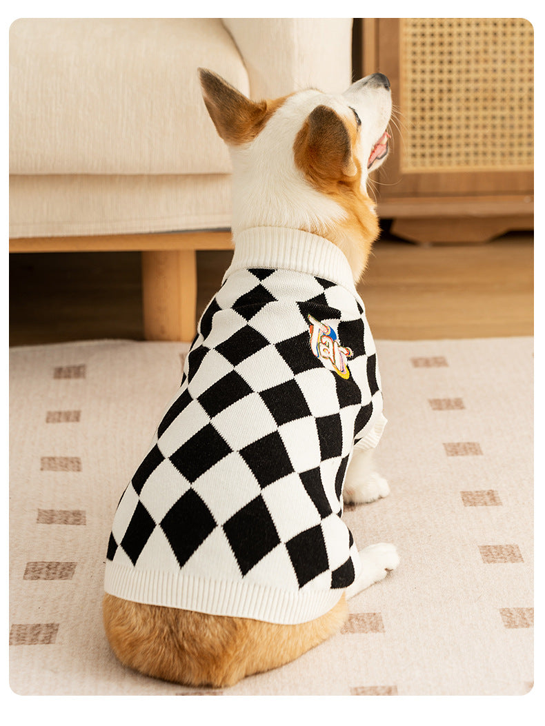 Black & White Argyle Knit Dog Sweater