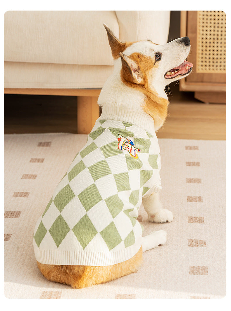 Green & White Argyle Knit Dog Sweater