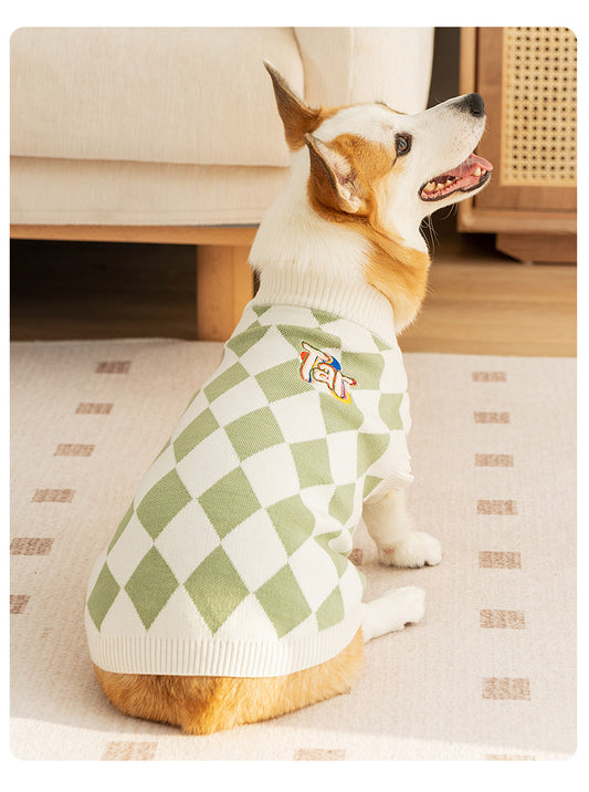 Green & White Argyle Knit Dog Sweater
