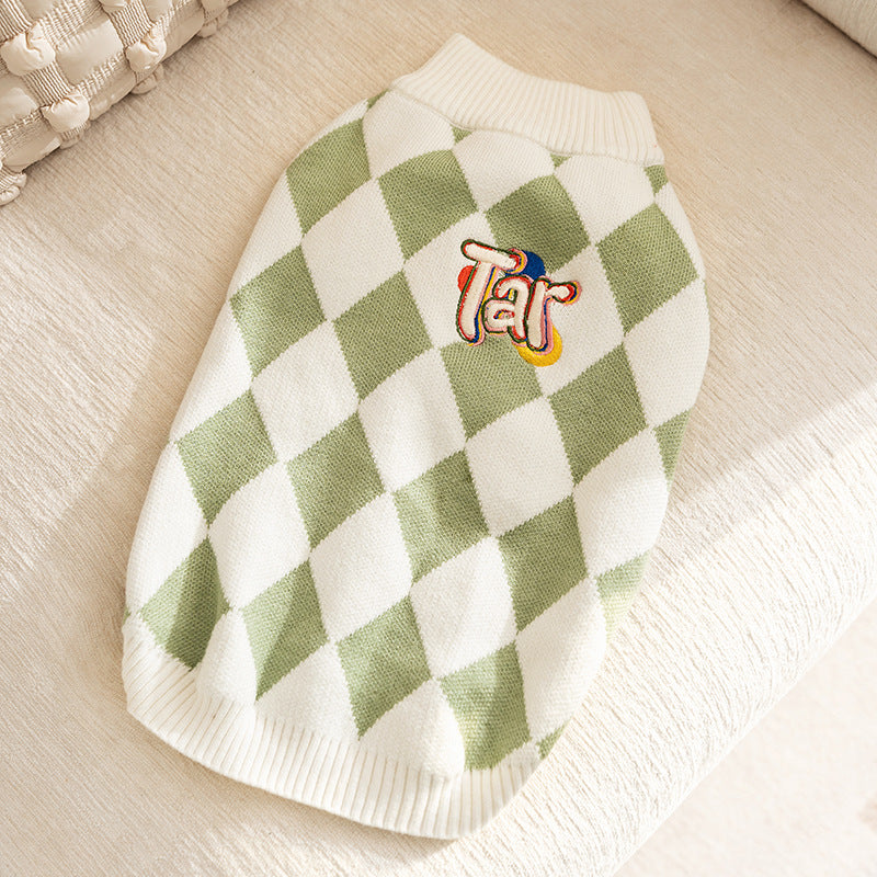 Green & White Argyle Knit Dog Sweater