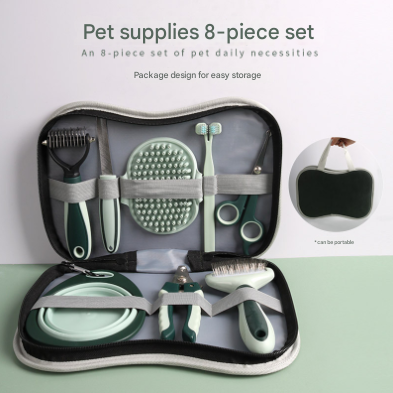 Grey & Green 8-Piece Pet Grooming Kit – Brushes, Clippers, Scissors & Case