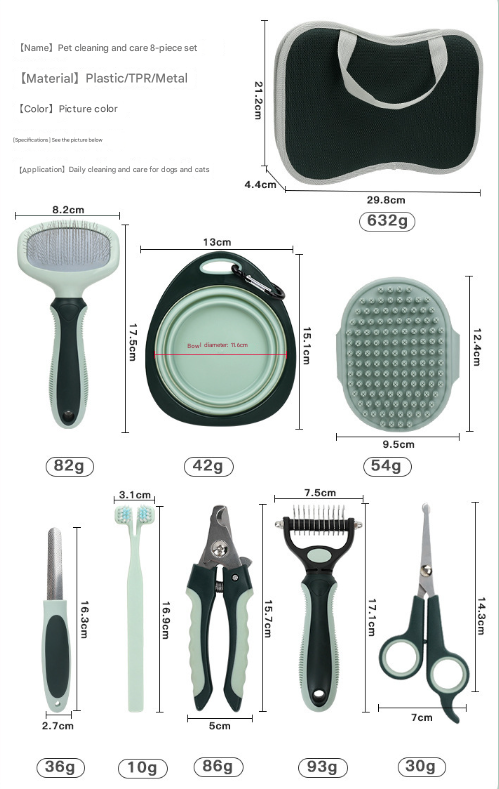 Grey & Green 8-Piece Pet Grooming Kit – Brushes, Clippers, Scissors & Case