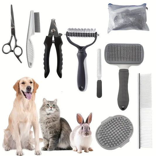 Grey 9-Piece Professional Pet Grooming Kit – Brushes, Clippers, Combs & Scissors with Bag