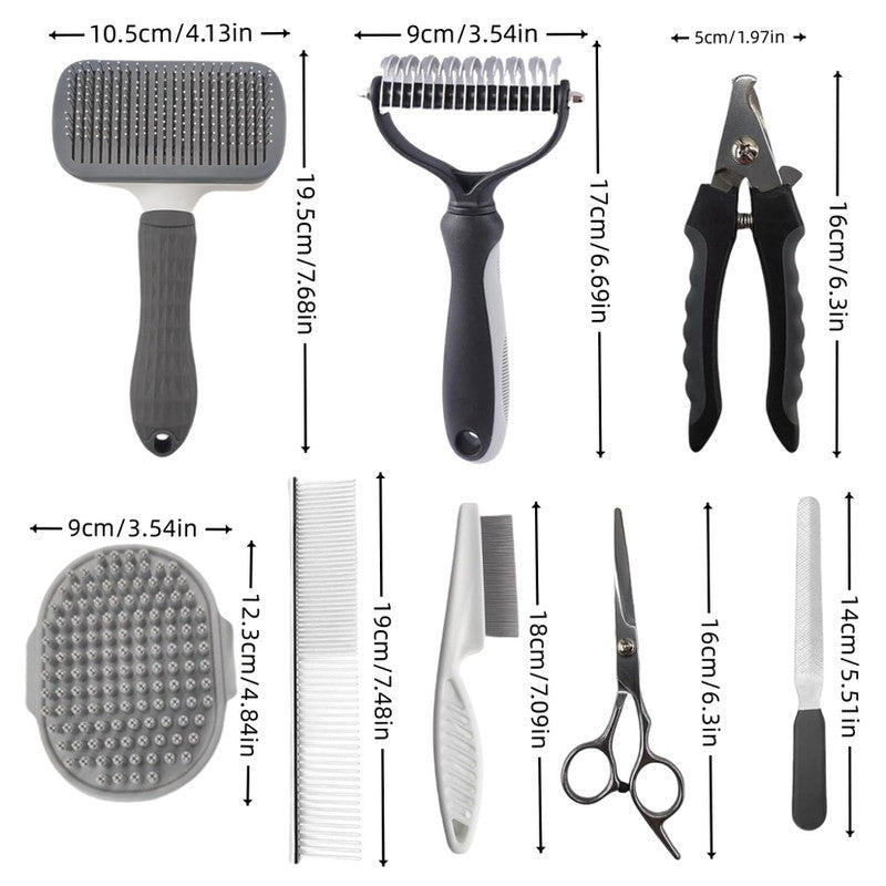 Grey 9-Piece Professional Pet Grooming Kit – Brushes, Clippers, Combs & Scissors with Bag