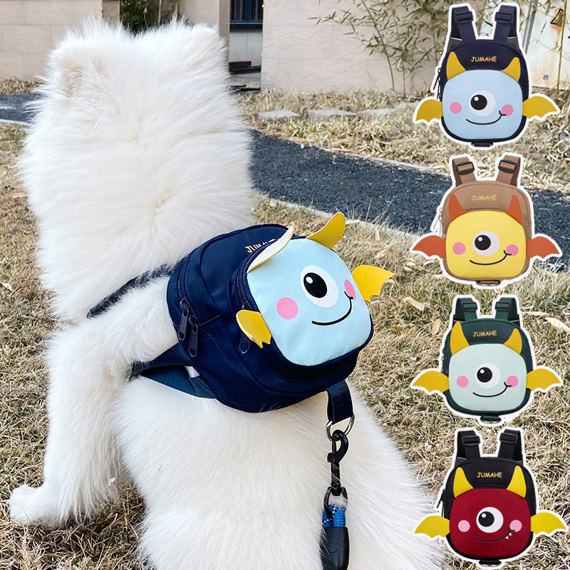 Adorable Monster Small Pet Backpack Harness - Treat Pouch with Poop Bag Dispenser